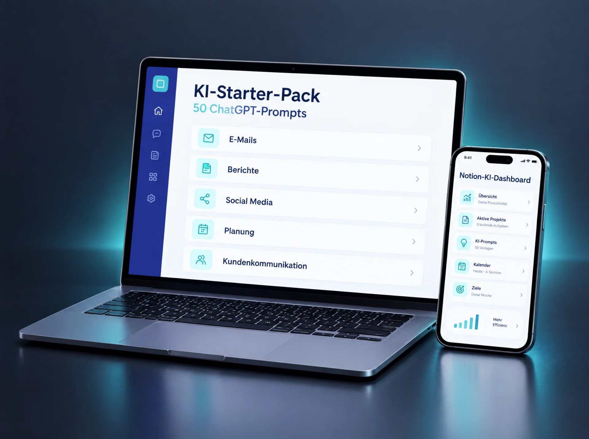 KI-Starter-Pack mit 50 ChatGPT-Prompts auf dem Tablet und Notion-KI-Dashboard auf dem Smartphone