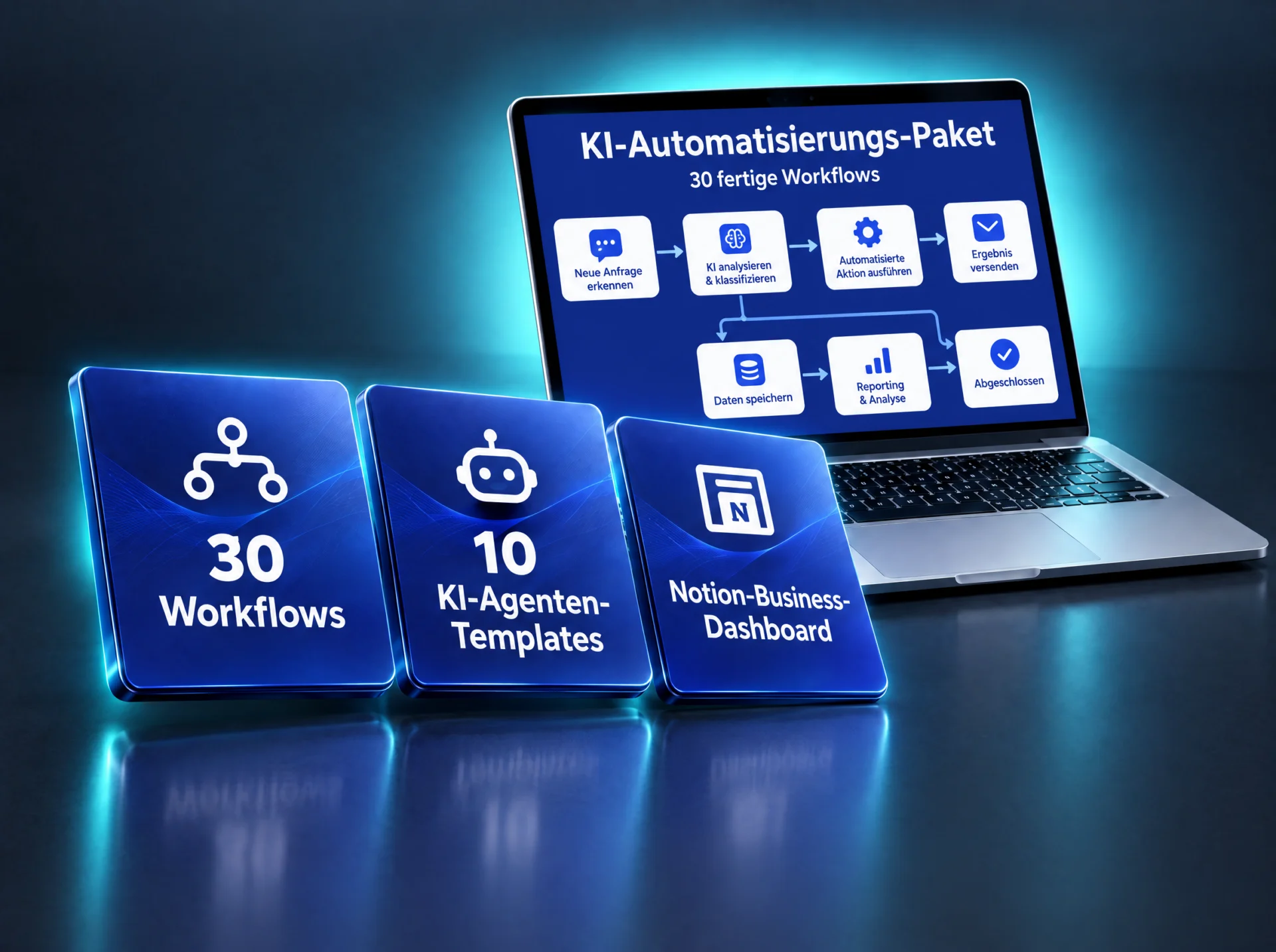 KI-Automatisierungs-Paket auf dem Laptop mit 30 Workflows, KI-Agenten-Templates und Notion-Business-Dashboard