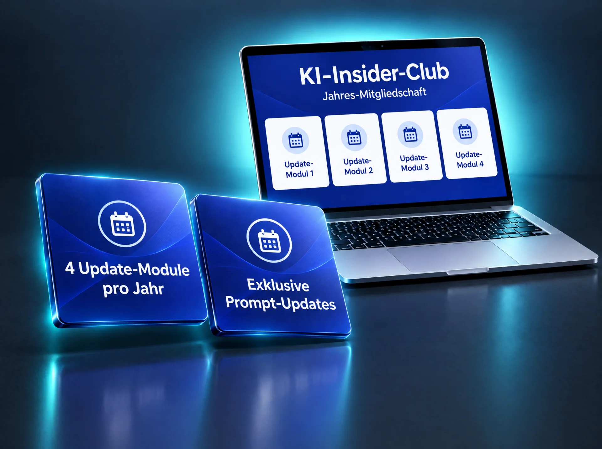 KI-Insider-Club auf dem Laptop: Jahres-Mitgliedschaft mit 4 Update-Modulen pro Jahr und exklusiven Prompt-Updates